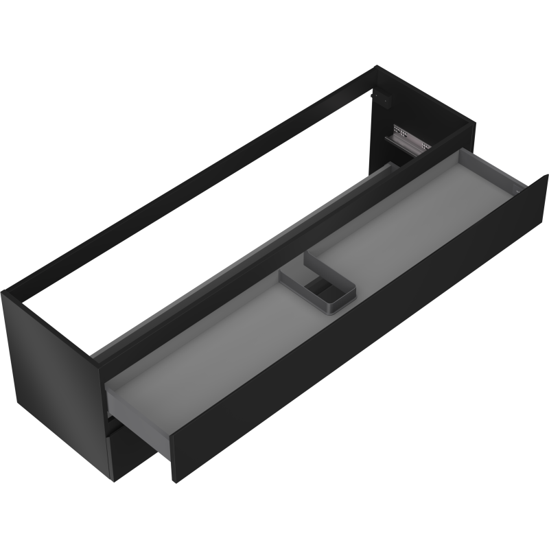 Servantskap uten vask i svart matt med to skuffer, sett skrått ovenfra med romdeler og minimalistisk design.