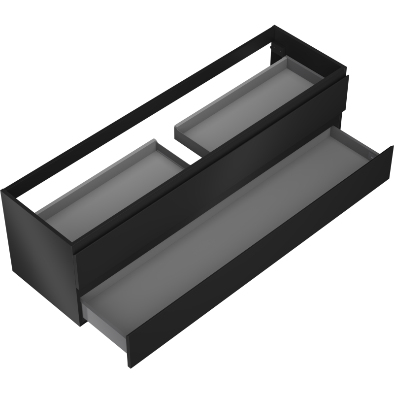 Servantskap til bad 160 cm svart matt med to åpne skuffer, sett fra skrå vinkel ovenfra.