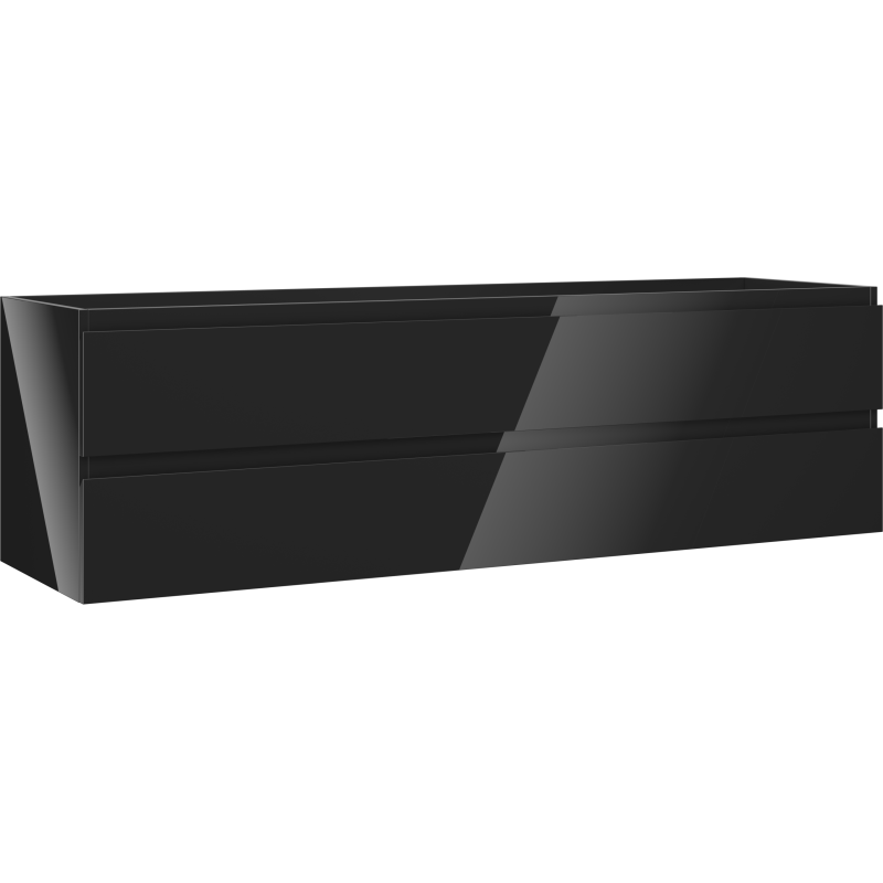 Servantskap 160 cm svart høyglans med to skuffer, sett skrått fra venstre, moderne design uten håndtak.