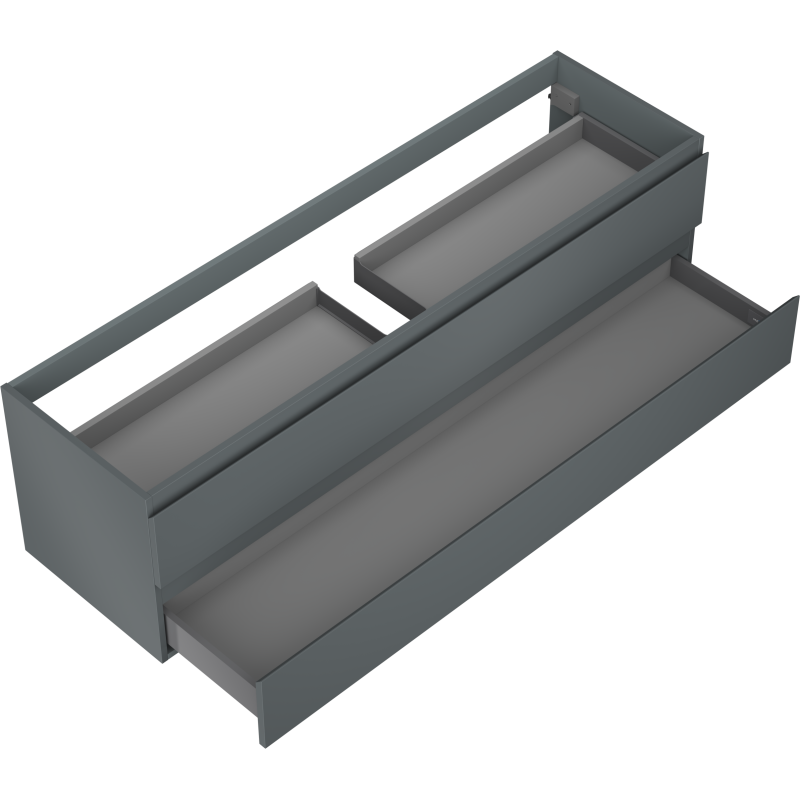 Servantskap til bad innsats i grå metall med én stor og to små seksjoner, sett ovenfra i vinkel.