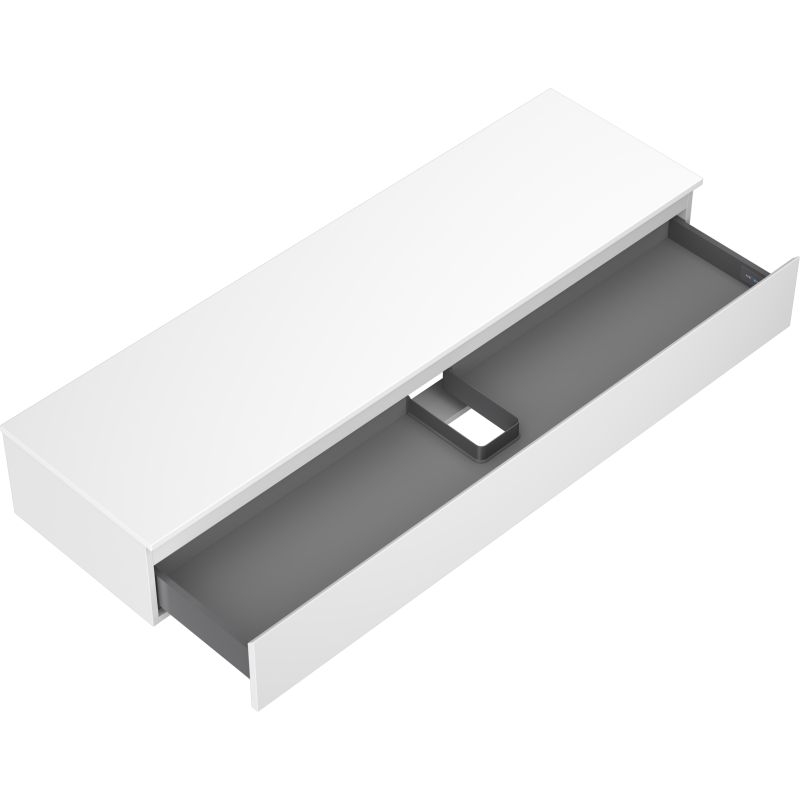 Servantskap uten vask 160 cm hvit matt med én stor grå skuff delvis uttrekt, sett skrått ovenfra.