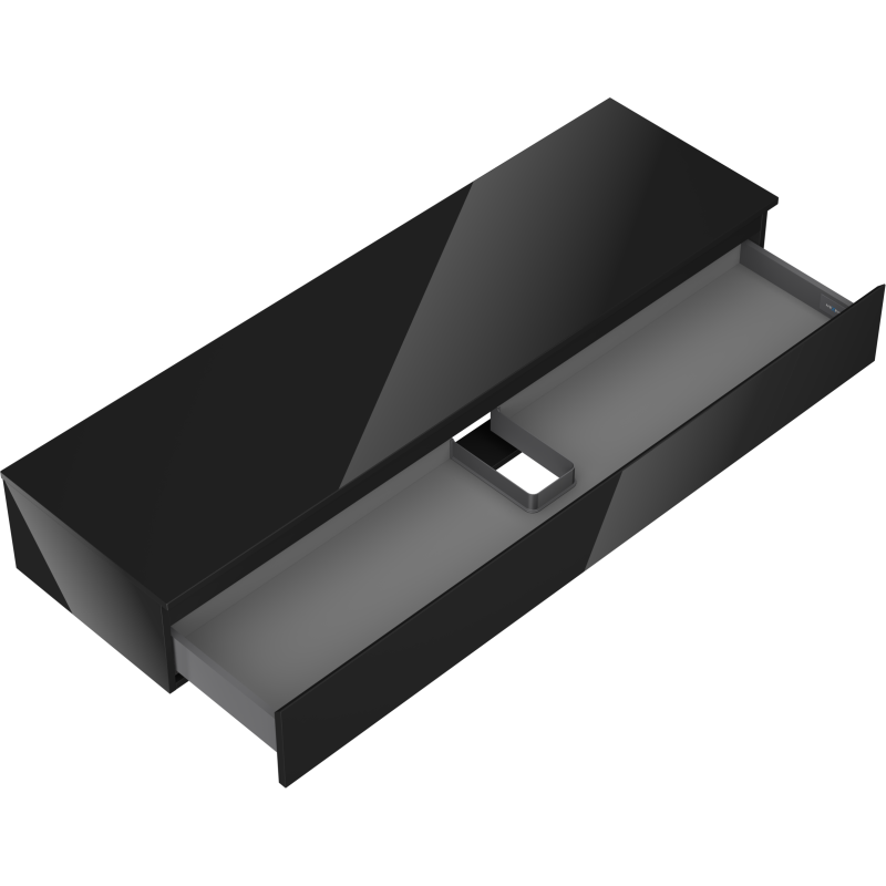 Servantskap uten vask svart høyglans Orio 160 cm, åpen skuff sett ovenfra med integrert seksjon.