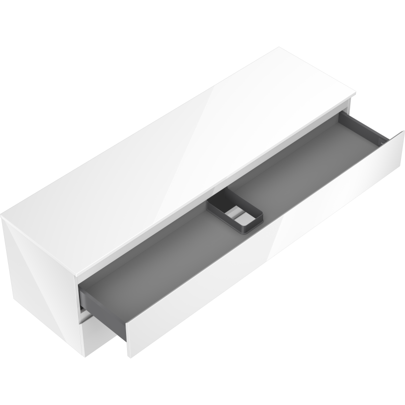 Servantskap uten vask hvit Mexen Orio 160 cm med åpen skuff og grå innside sett fra skrå vinkel.