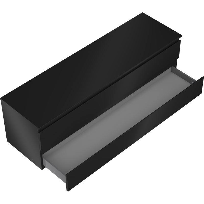 Servantskap til bad Mexen Orio 160 cm i svart matt med åpen skuff, vist fra skrå vinkel.