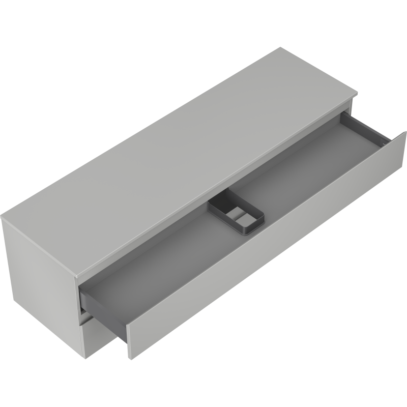 Servantskap uten vask grå matt skuff med avdeler, sett ovenfra med fronten trukket ut.