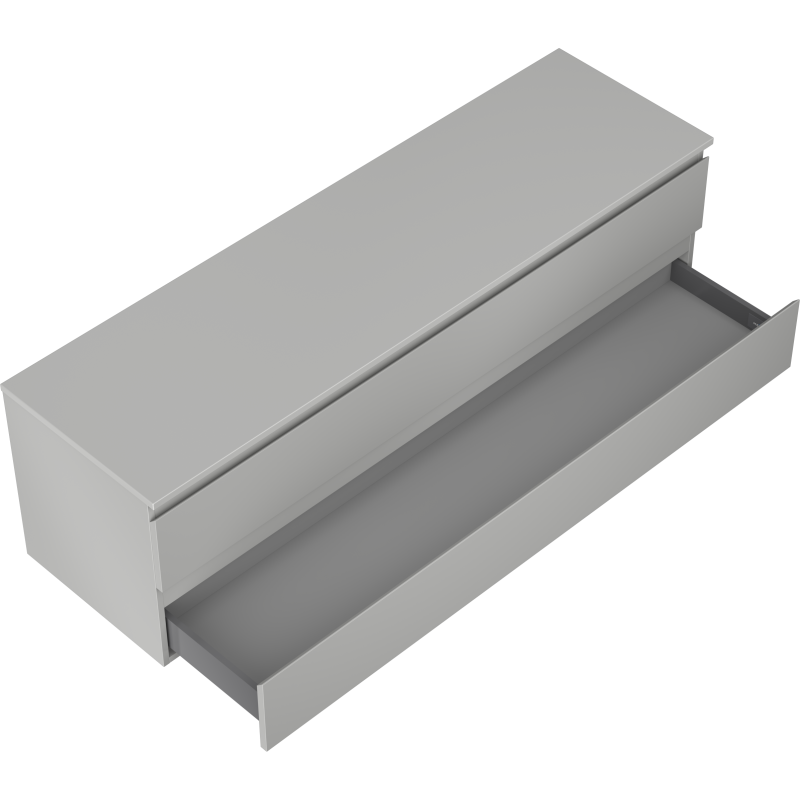 Servantskap til bad Mexen Orio 160 cm i grå matt med åpen nedre skuff, sett skrått ovenfra.