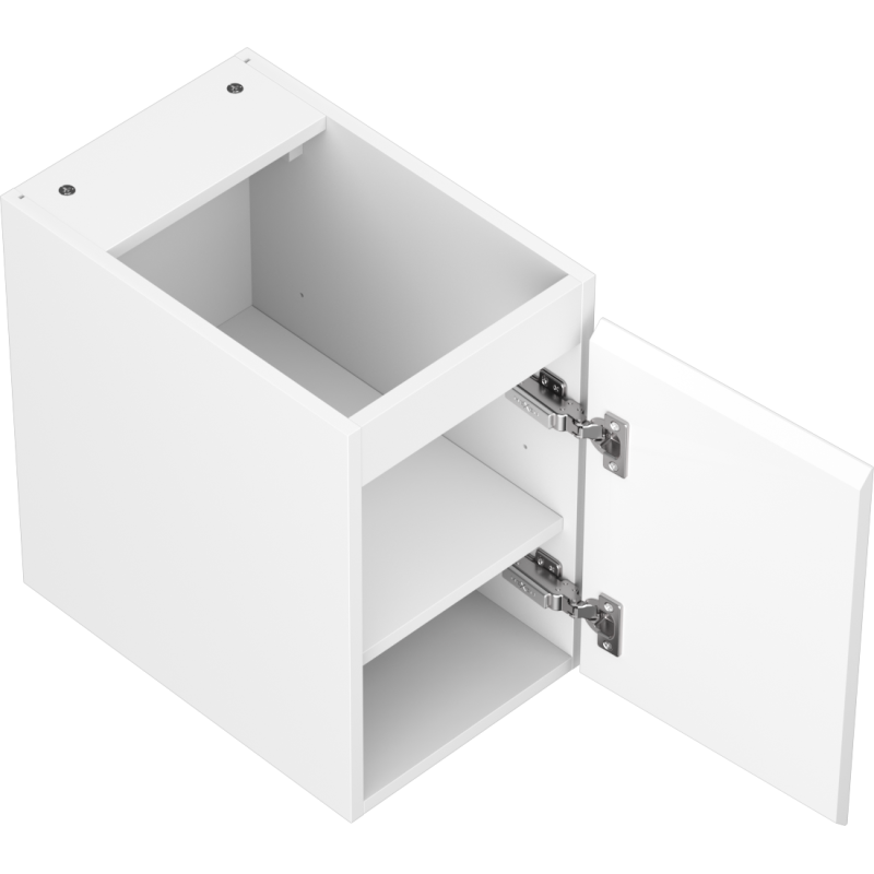 Servantskap uten vask 30 cm hvit matt Mexen Orio med åpen dør og synlig innvendig hylle.