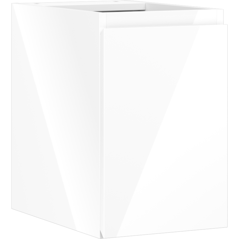 Servantskap 30 cm hvit høyglans med én dør, sett fra skrå vinkel uten synlige håndtak.