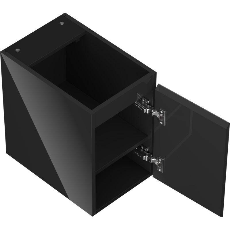 Servantskap uten vask svart høyglans 30 cm med åpen dør, innvendig hylle og metallhengsler.