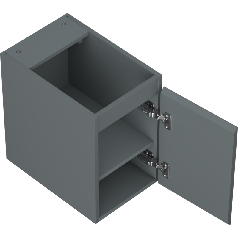 Servantskap uten vask 30 cm grafitt matt med åpen dør, synlig hylle og innvendige metallhengsler.