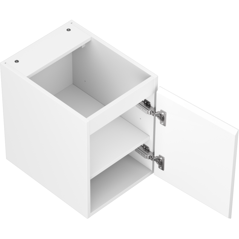 Servantskap uten vask i hvit matt finish, åpen dør med synlig hylle og metallhengsler.