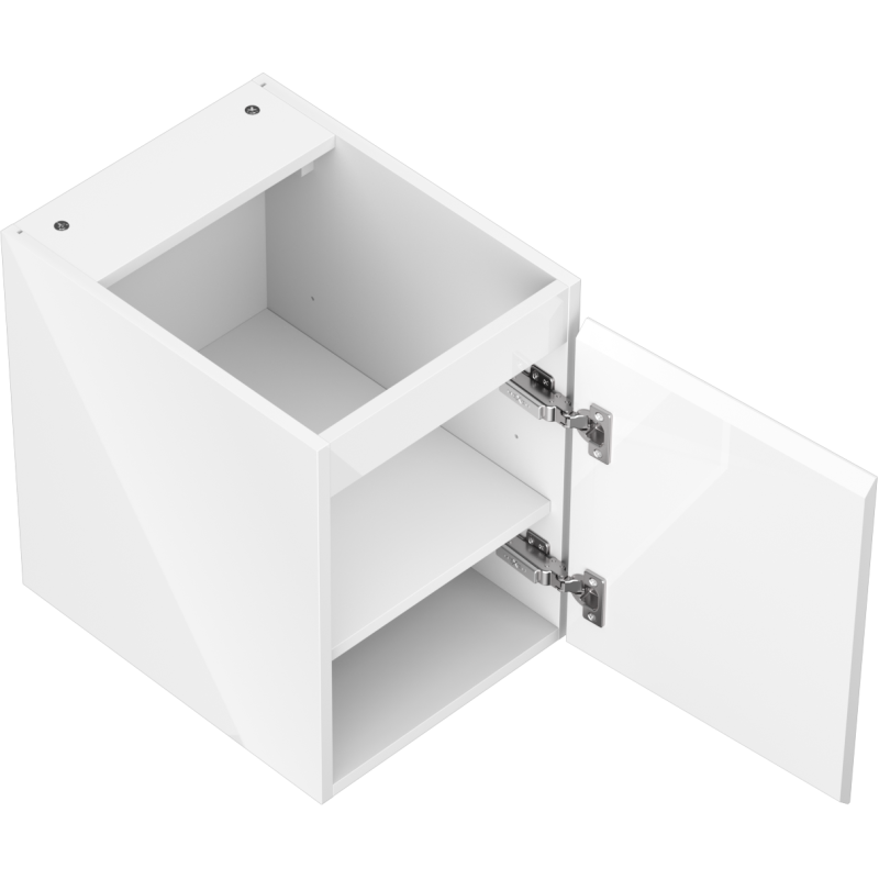 Servantskap uten vask 35 cm hvit høyglans med én åpen dør, synlig hylle og metallhengsler.