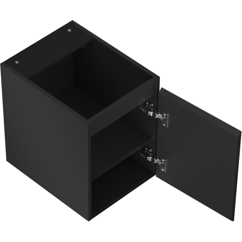 Servantskap uten vask svart matt Mexen Orio 35 cm med åpen dør og synlig innvendig hylle.