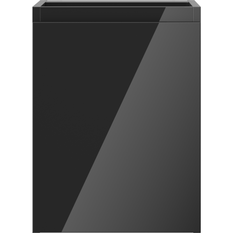 Underskap til servant i svart høyglans med blank front og rektangulær form, sett forfra.