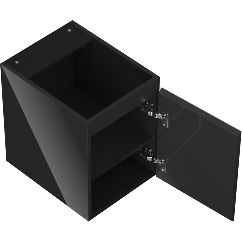 Servantskap uten vask svart høyglans Mexen Orio med åpen dør, synlige hengsler og innvendig hylle.