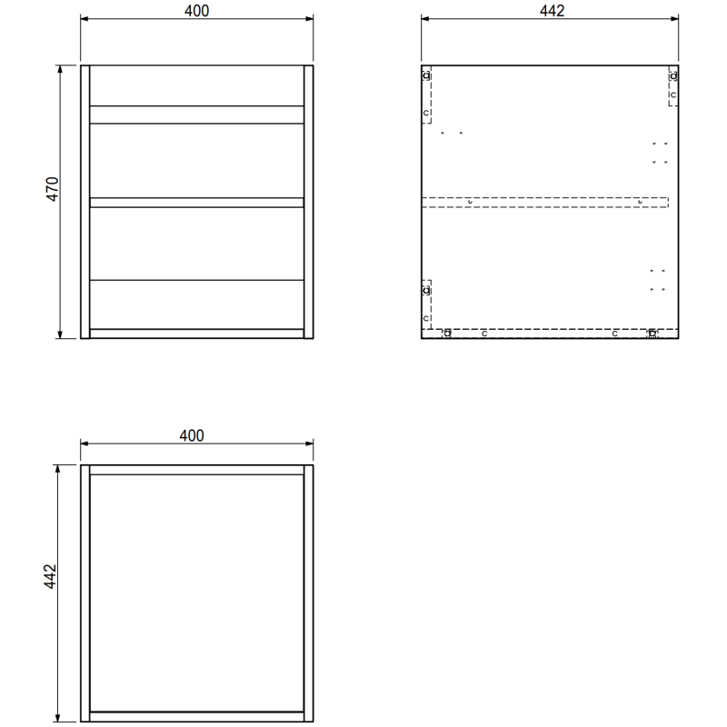 Servantskap til bad teknisk tegning med mål, to hyller og én dør, vist fra flere vinkler.