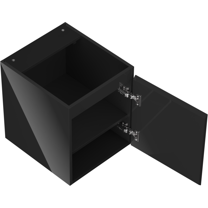Servantskap uten vask svart høyglans 40 cm med åpen dør, synlige hengsler og innvendig hylle.