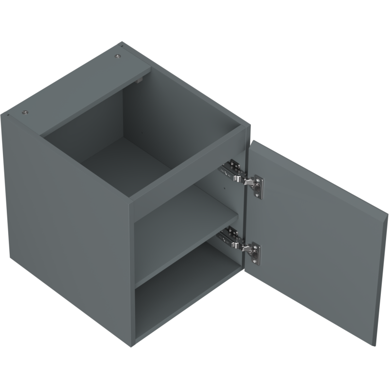 Servantskap uten vask i grafitt matt, 40 cm bredt med én åpen dør og synlige metallhengsler.