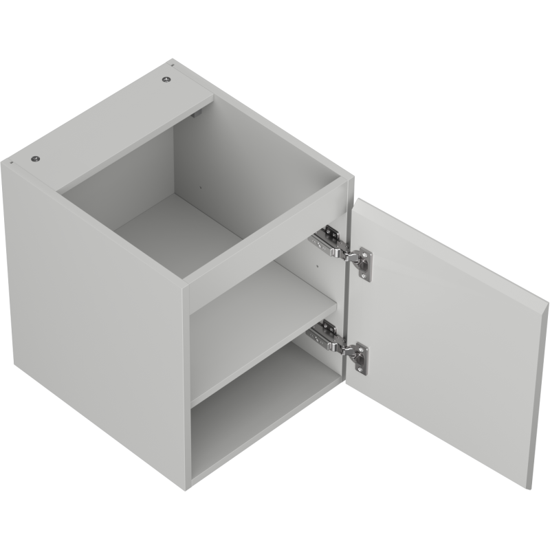 Servantskap uten vask 40 cm grå matt med åpen dør og synlige metallhengsler.