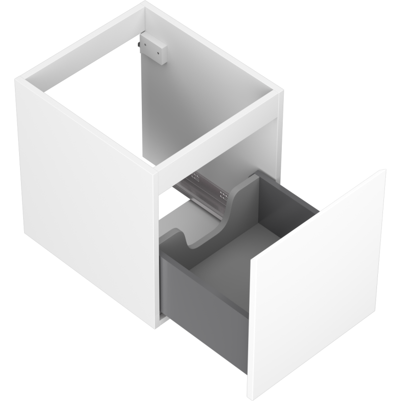 Servantskap uten vask 40 cm hvit matt med åpen grå innerskuff og utsparing for rør.