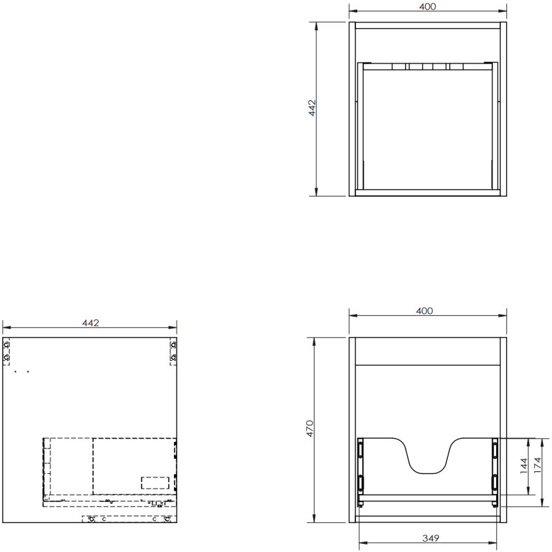 Servantskap til bad teknisk tegning av svart høyglans 40 cm Mexen Orio med mål i millimeter.