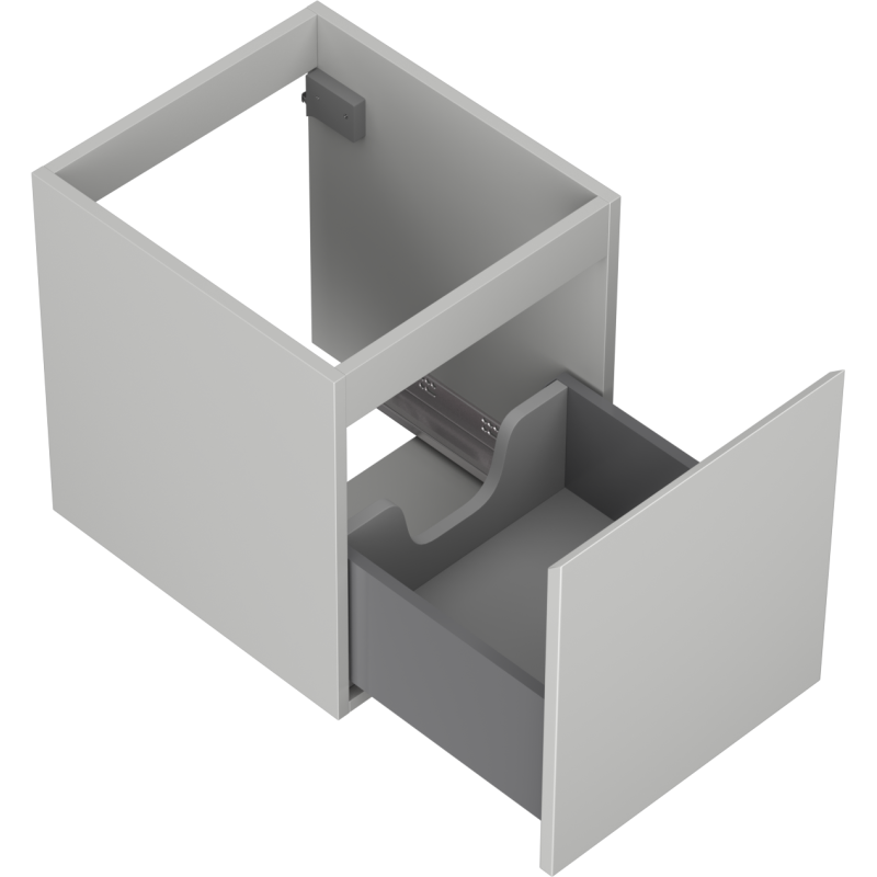 Servantskap uten vask 40 cm grå matt med én åpen skuff og utsparing for rør, sett ovenfra.