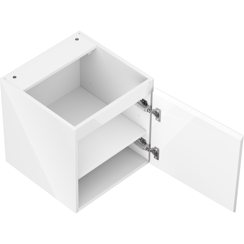 Servantskap uten vask hvit høyglans 45 cm, åpen dør med to hyller og metallhengsler.