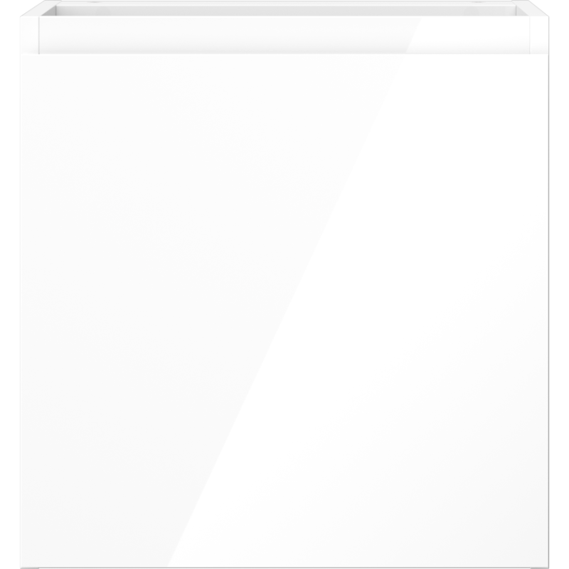 Underskap til servant i hvit høyglans med glatt front og rene linjer, sett rett forfra.