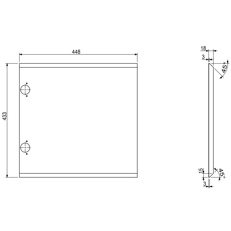 Servantskap teknisk tegning av svart matt panel 45 cm med mål og monteringshull på venstre side.