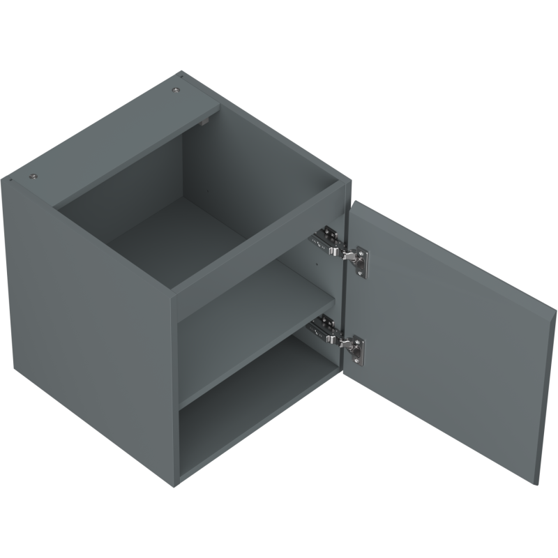 Servantskap uten vask i grafitt matt med åpen dør, synlig hylle og sølvfargede hengsler.