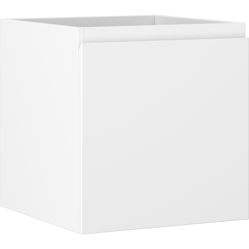 Servantskap 45 cm hvit matt med glatt front, sett fra skrå vinkel, uten synlige håndtak.