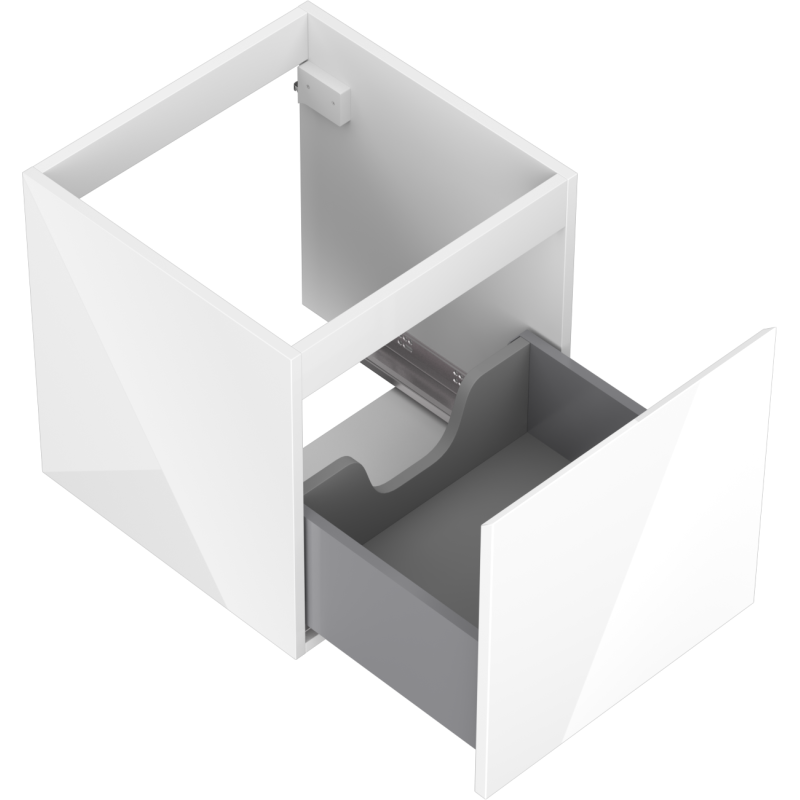 Servantskap uten vask hvit høyglans Mexen Orio 45 cm med én grå skuff dratt ut, sett skrått ovenfra.