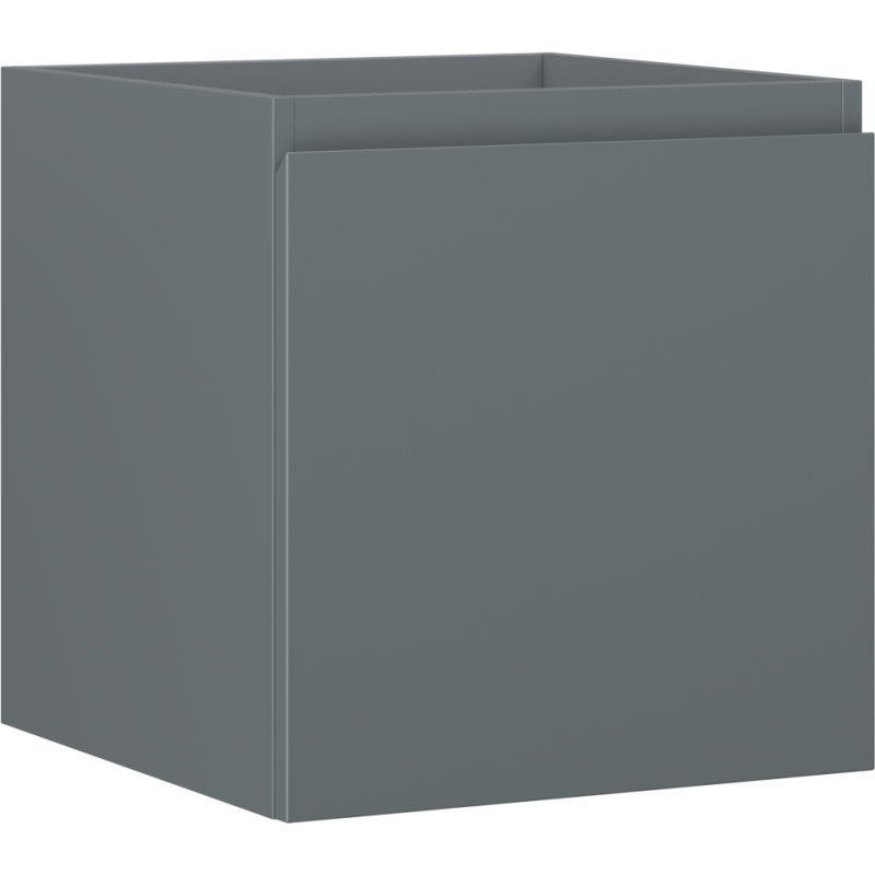 Servantskap 45 cm grafitt matt kubeformet skuff med moderne, håndtaksløst design sett fra skrå vinkel.