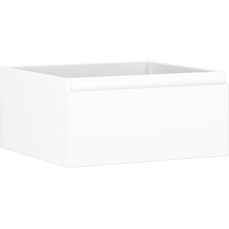 Servantskap 50 cm i hvit matt med én skuff, vist fra skrå vinkel med glatte, rette kanter.