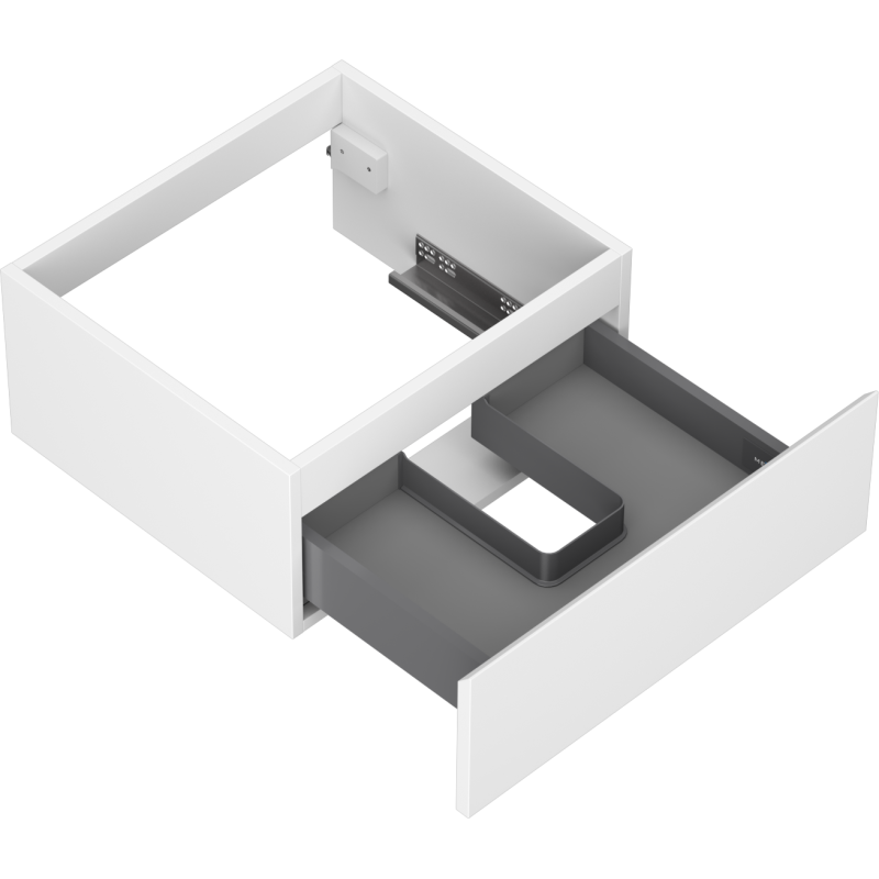 Servantskap uten vask 50 cm hvit matt med én skuff, sett ovenfra med grå innerskuff og utsparing.