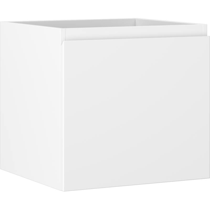 Servantskap 50 cm hvit matt med én skuff, sett fra skrå vinkel uten synlige håndtak.