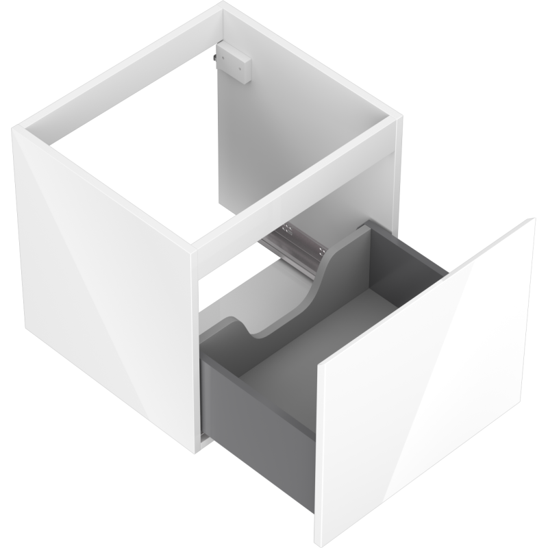 Servantskap uten vask 50 cm hvit høyglans, åpen grå skuff med utskjæring, sett ovenfra.