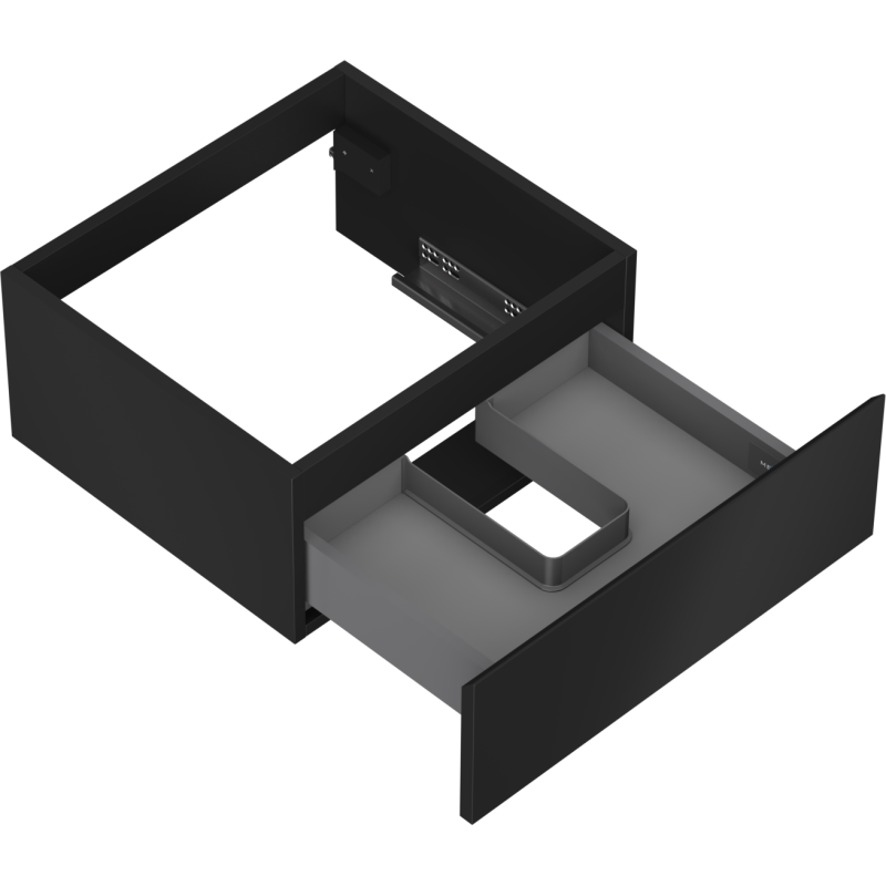 Servantskap uten vask svart Mexen Orio 50 cm sett ovenfra med grå innsats og utsparing i midten.