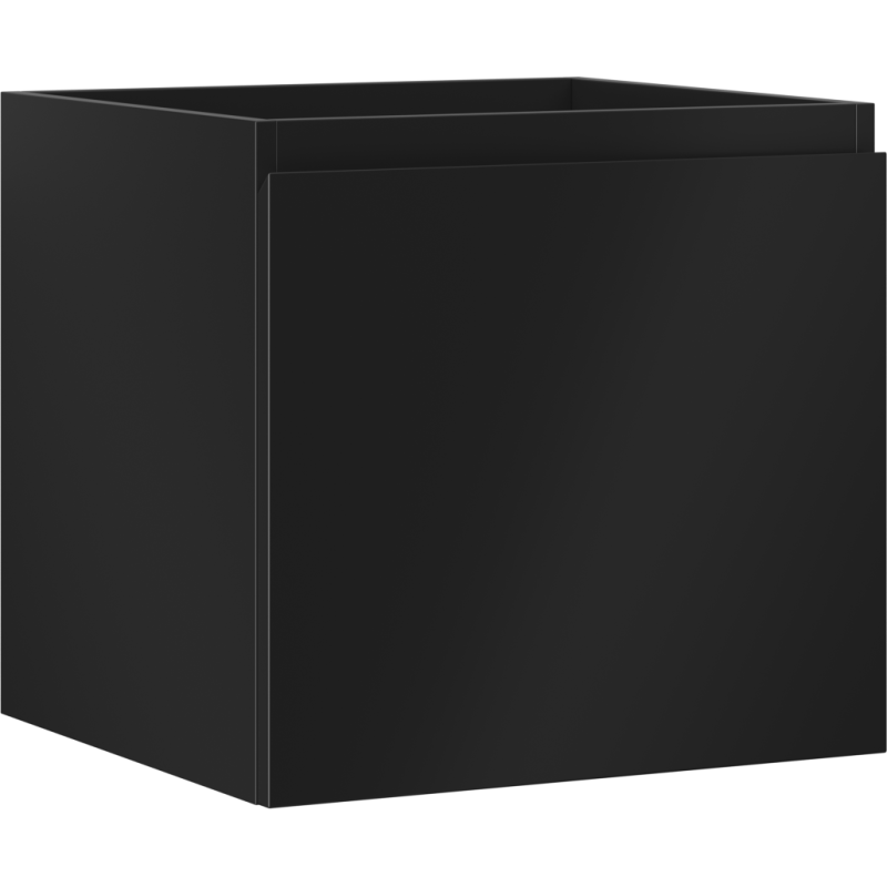 Servantskap 50 cm svart matt med én skuff, sett skrått fra siden og foran, minimalistisk design.