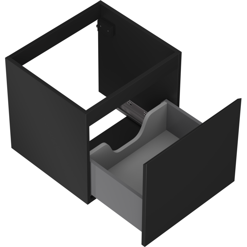 Servantskap uten vask svart matt Mexen Orio 50 cm med åpen skuff og utsparing bak.