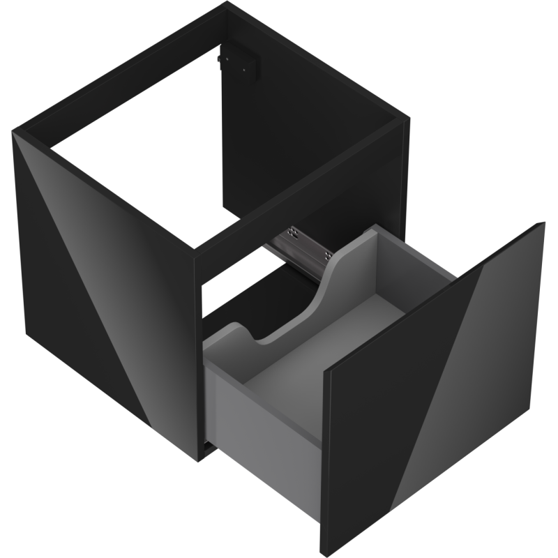 Servantskap uten vask svart Mexen Orio 50 cm med åpen skuff og synlig utsparing til rør.