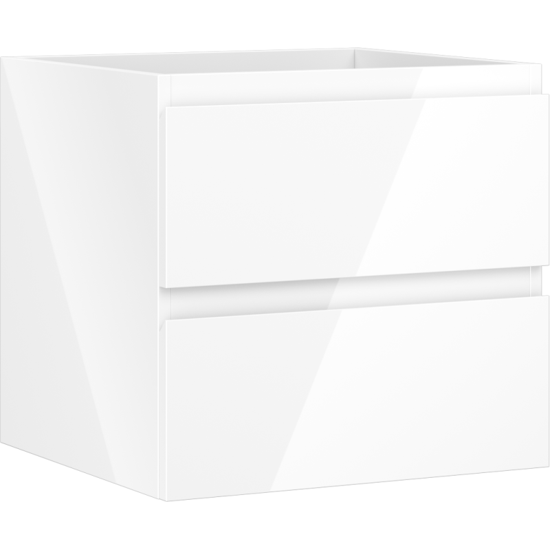 Servantskap 50 cm hvit høyglans med to skuffer, skrå forfra, minimalistisk uten synlige håndtak.