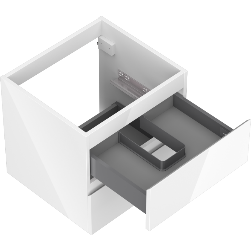 Servantskap uten vask 50 cm hvit høyglans med åpen grå innerskuff og U-formet romdeler.
