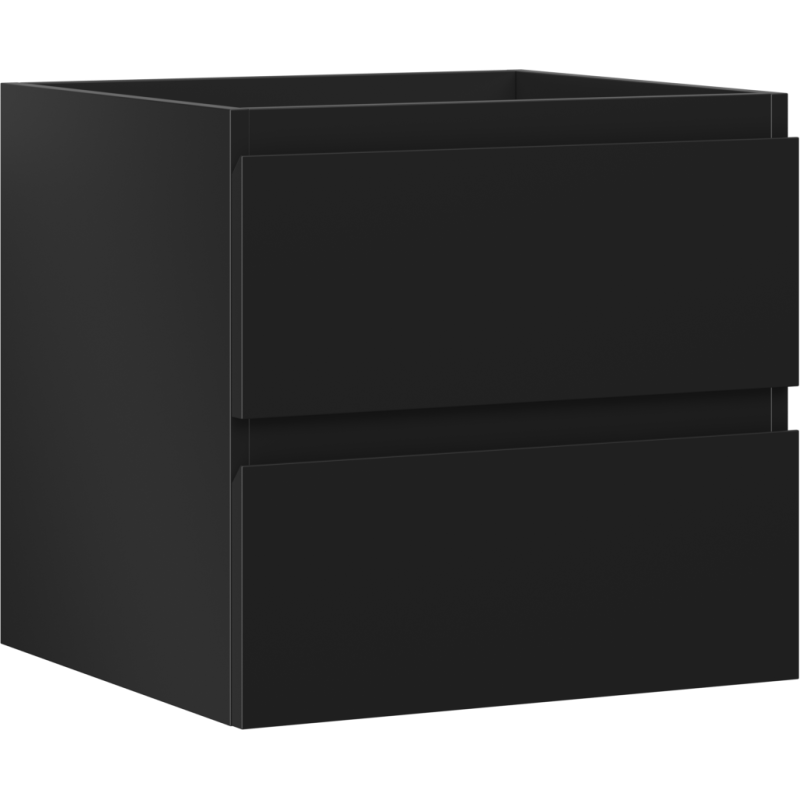 Servantskap 50 cm svart matt med to skuffer uten håndtak, sett fra skrå vinkel.