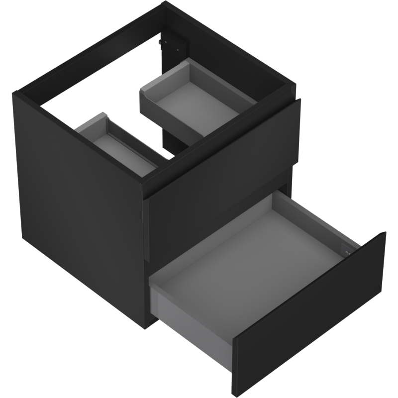 Servantskap til bad svart matt Mexen Orio 50 cm med to uttrekkte grå skuffer i ulik størrelse.