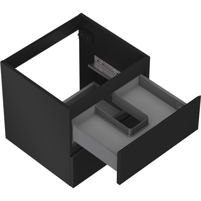 Servantskap uten vask svart matt Mexen Orio med åpen grå skuff og integrert romdeler.