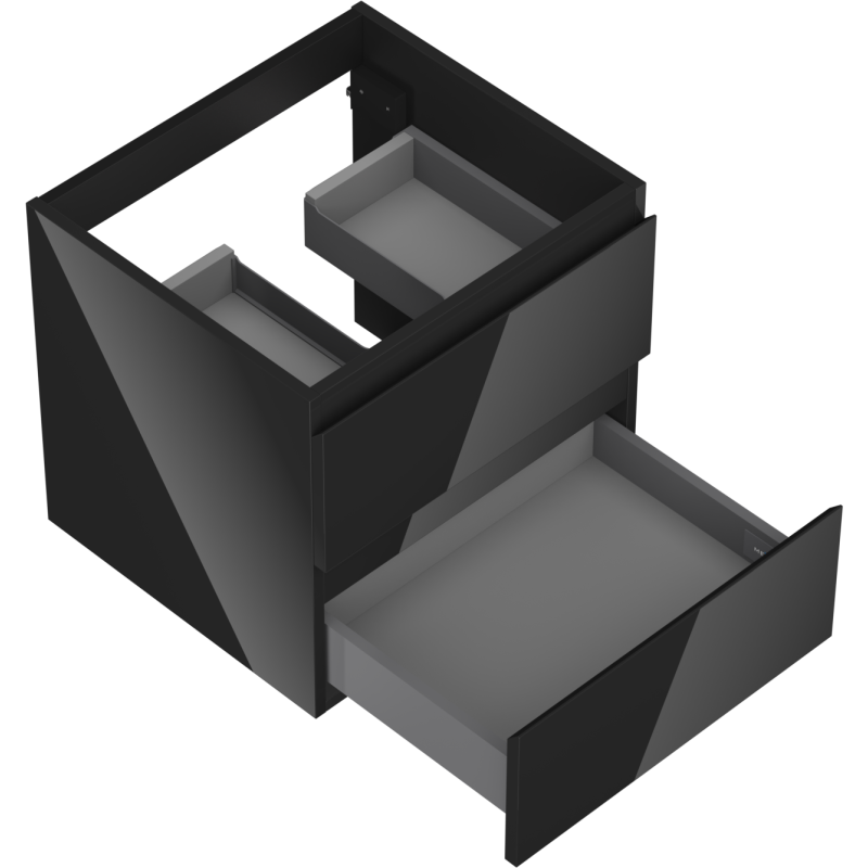 Servantskap til bad i svart høyglans med to skuffer, vist skrått ovenfra med geometriske fronter.