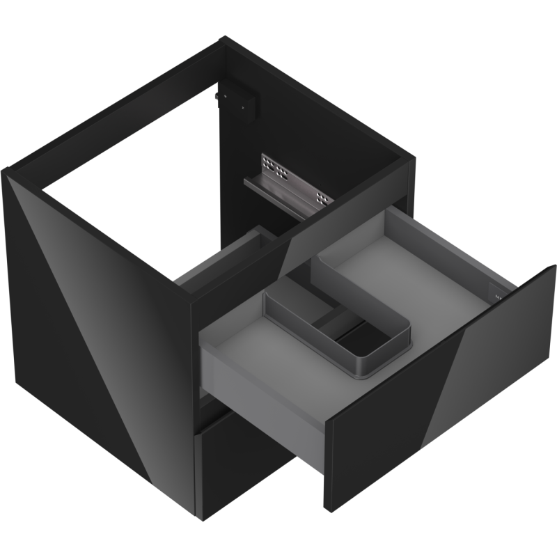 Servantskap uten vask svart Mexen Orio 50 cm med åpen skuff og gråtopp inndeling sett ovenfra.