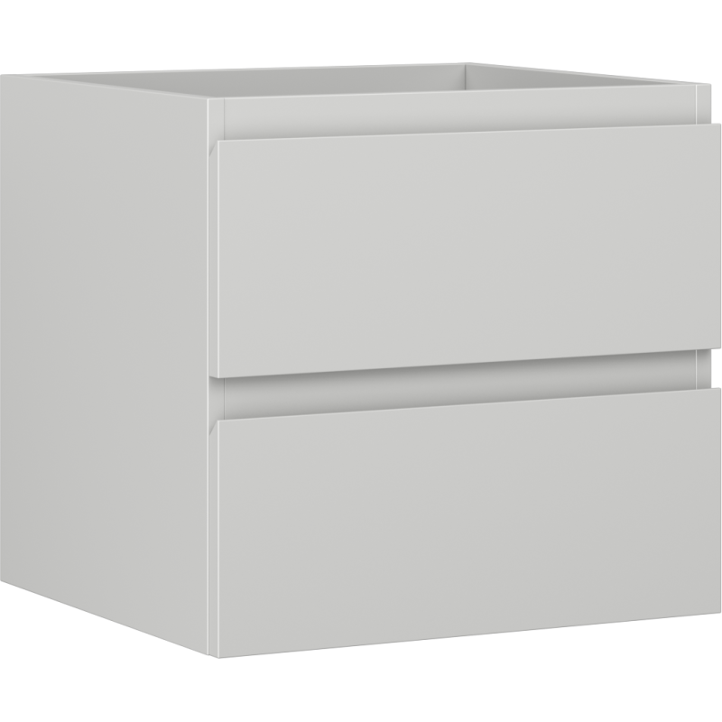 Servantskap 50 cm grå matt med to skuffer uten synlige håndtak, sett skrått forfra.