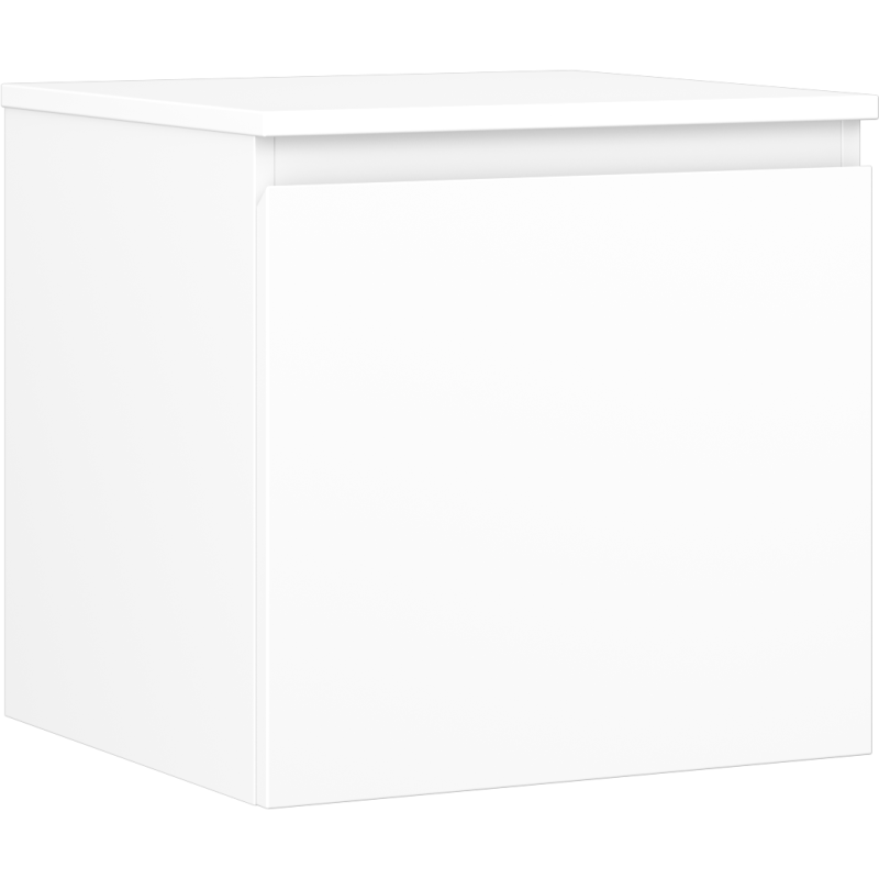 Servantskap 50 cm hvit matt med én skuff, sett fra skrå vinkel uten synlige håndtak.